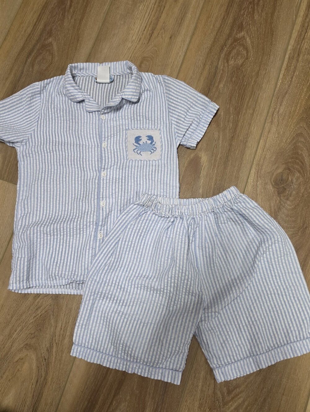 The Smocking Bug- Light Blue Seersucker Pajama Set - Short Sleeve Top & Shorts